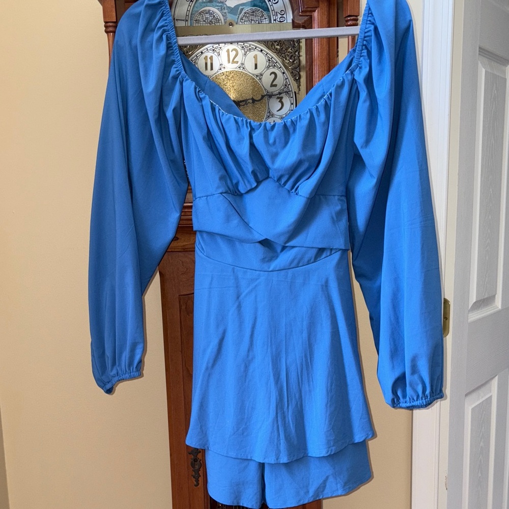 Elegant Blue Long-Sleeve Mini Dress Romper